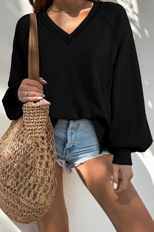 Exposed Seam Textured Knit V Neck Pullover Top
