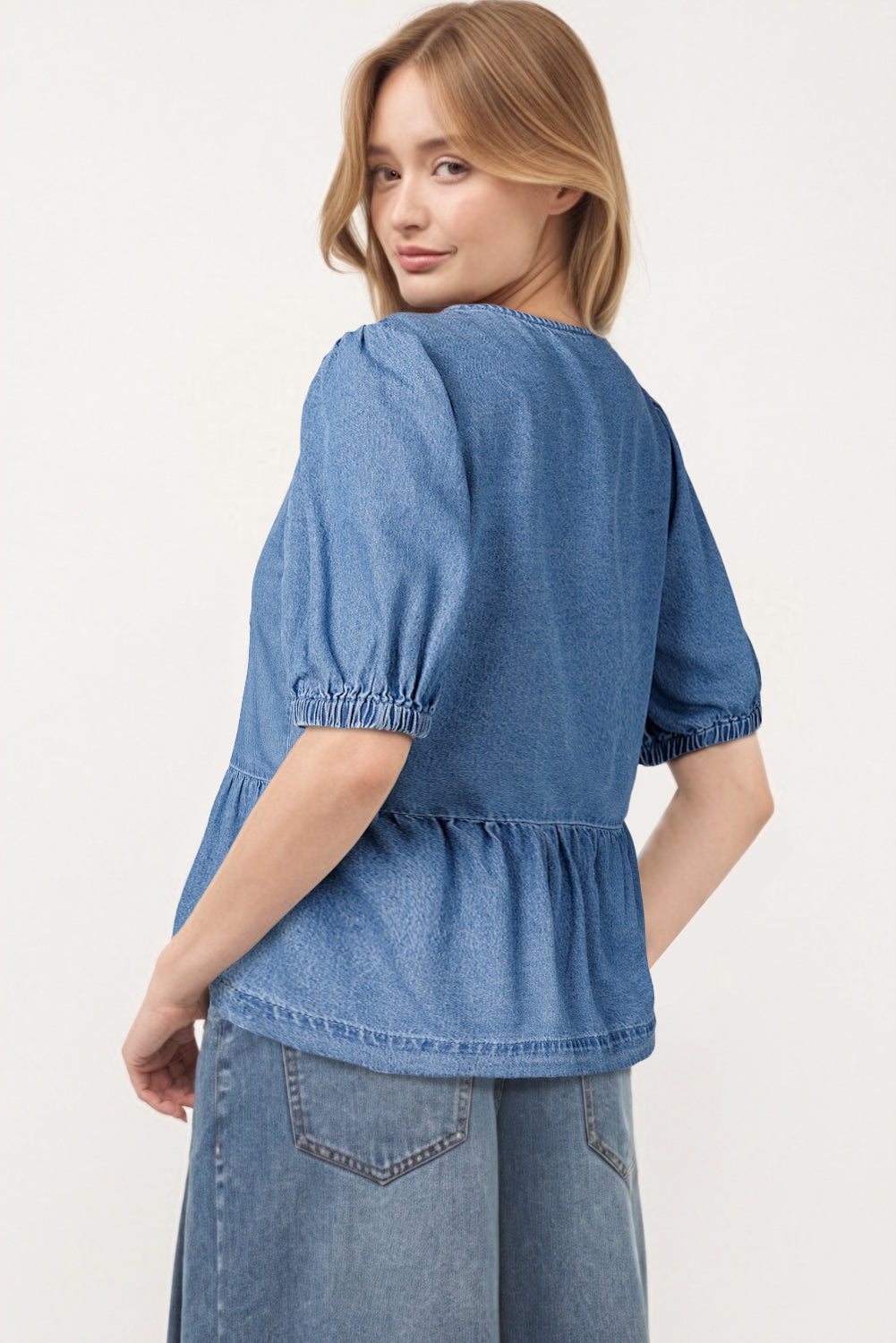 Tied Front Bubble Sleeve Peplum Denim Shirt