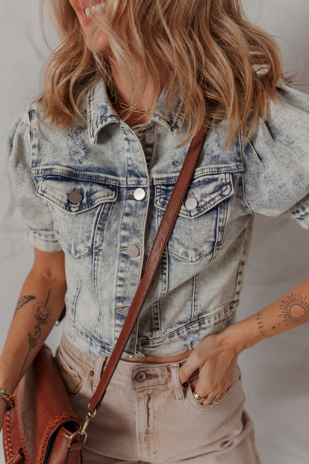 Light Wash Buttoned Chest Pocket Puff Sleeve Denim Jacket