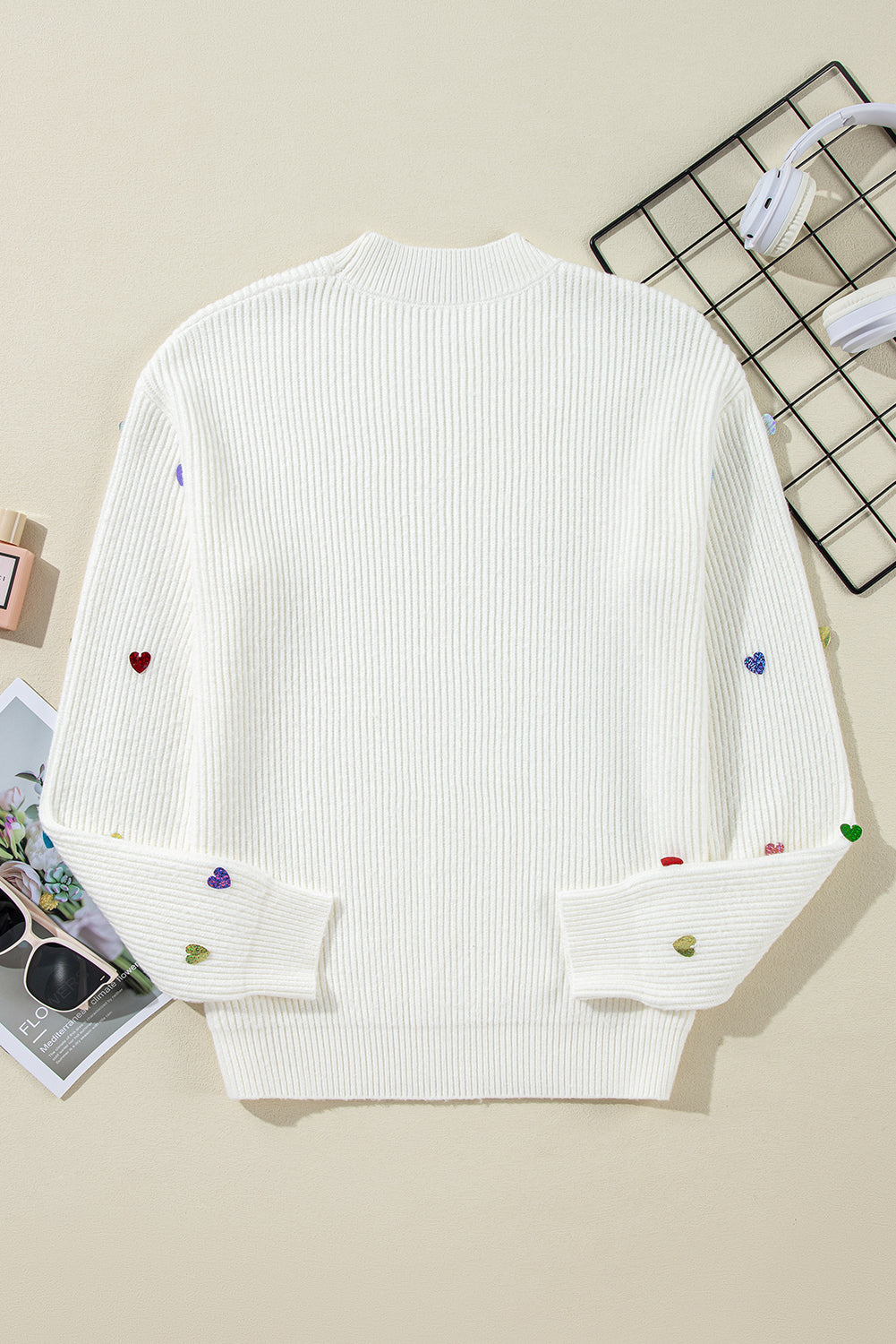 Sequin Heart Shape Waffle Knit Round Neck Sweater