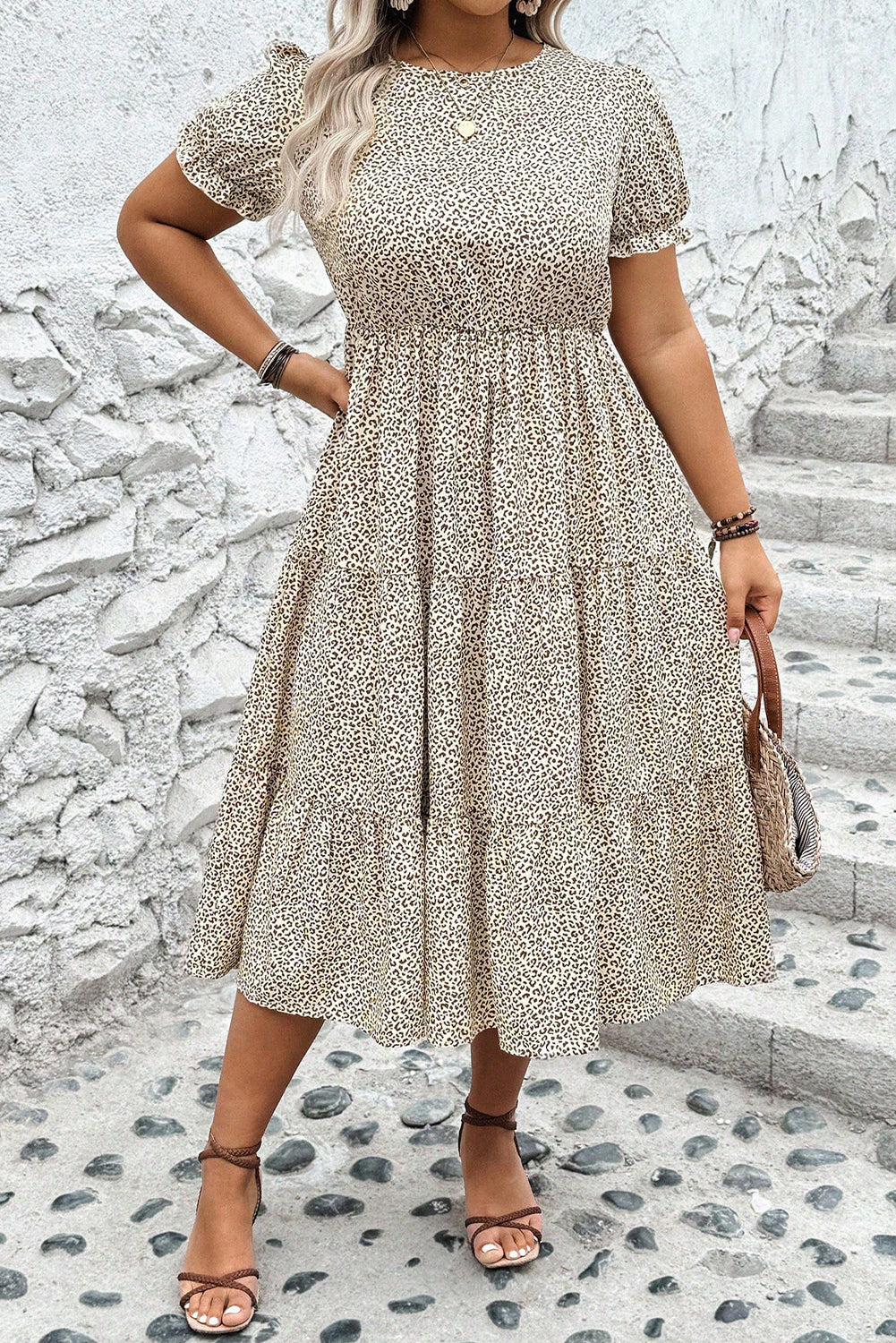 Plus Size Leopard Print Frill Trim Short Sleeve Flared Dress