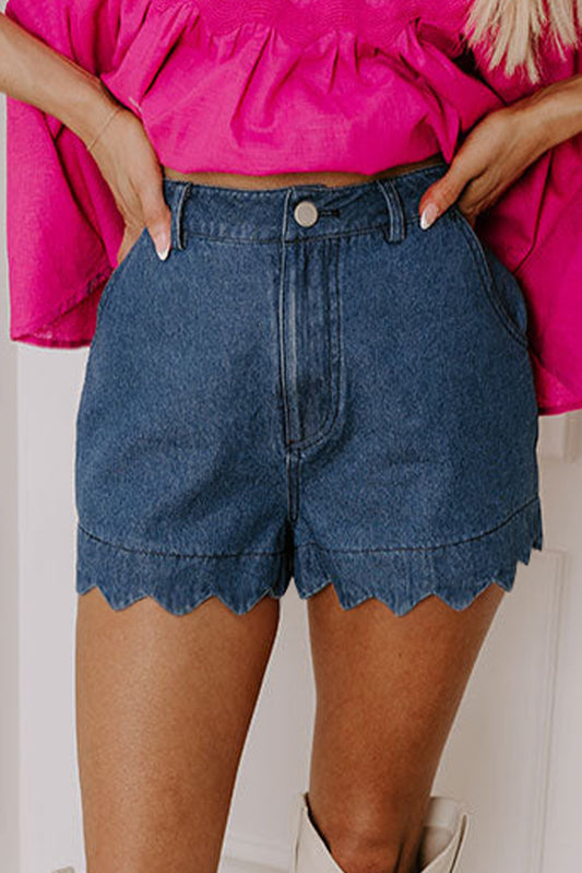 Scalloped Hemline Acid Wash High Waist Denim Shorts