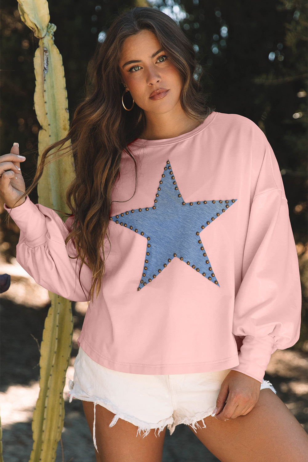 Studded Star Graphic Oversized Long Sleeve Top