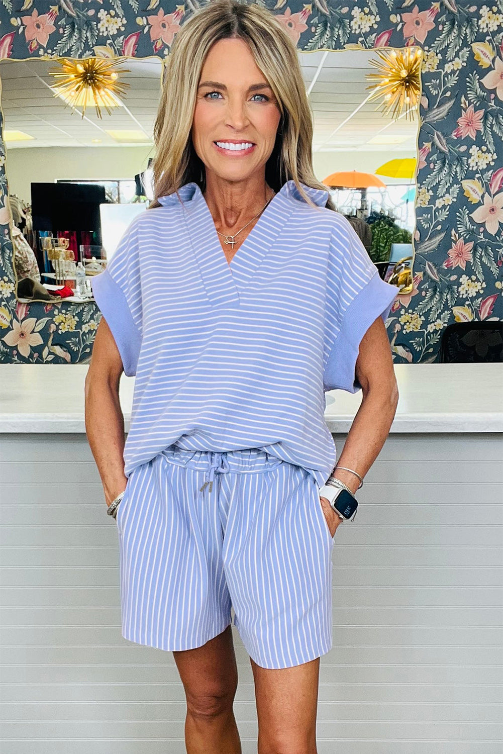 Stripe Dolman Sleeve Polo Shirt and Drawstring Shorts Set