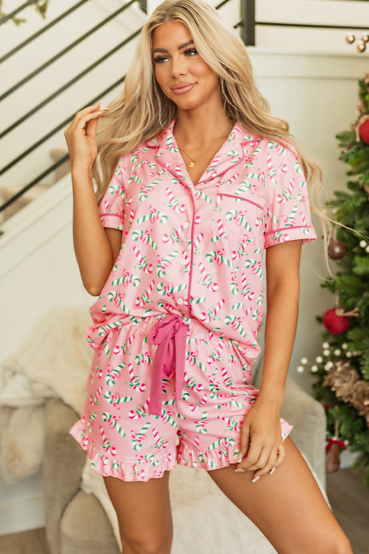 Christmas Candy Cane Print Pocketed Knotted Pajama Set