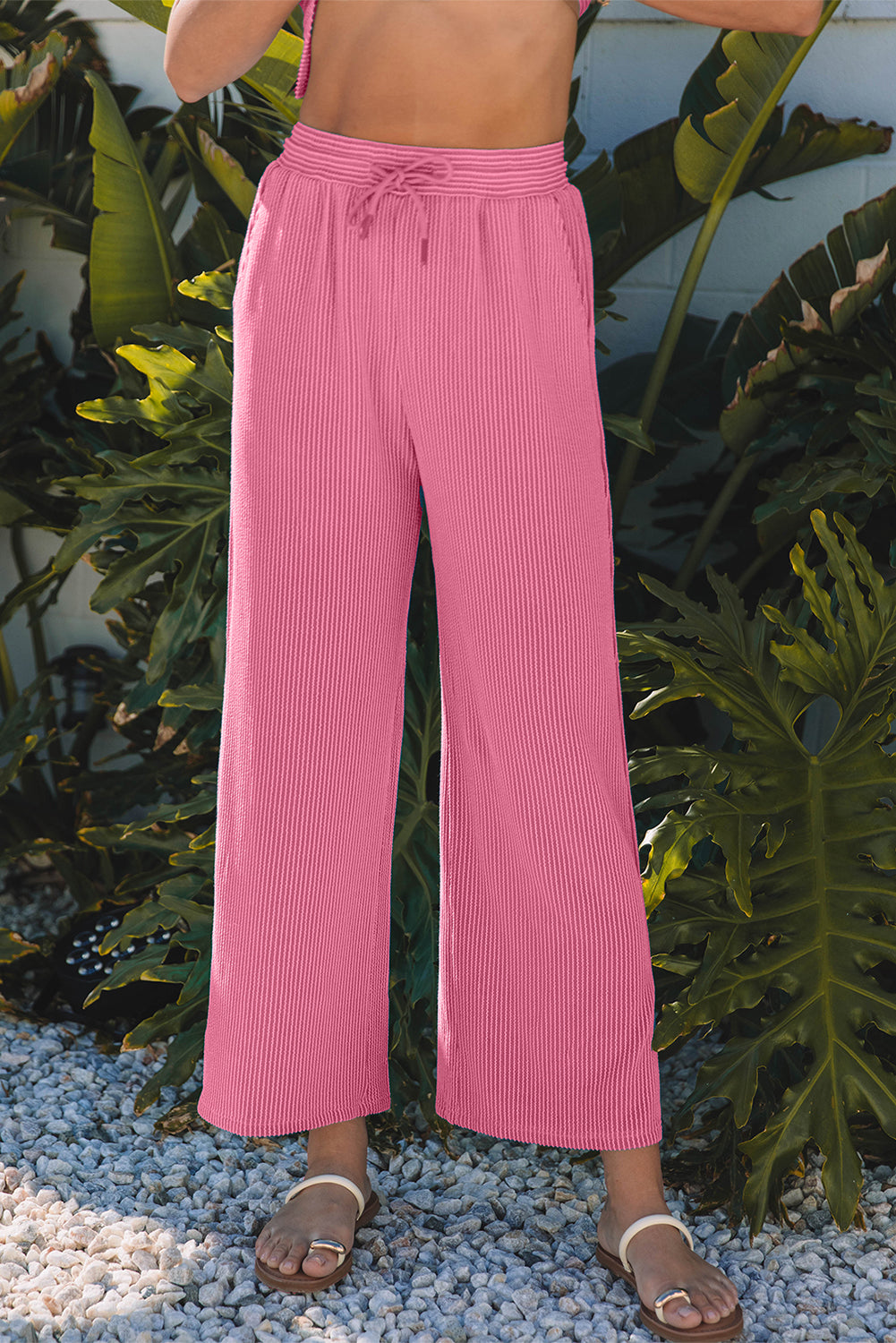 Solid Corded Knit Short Sleeve T Shirt and Wide Leg Pants Set