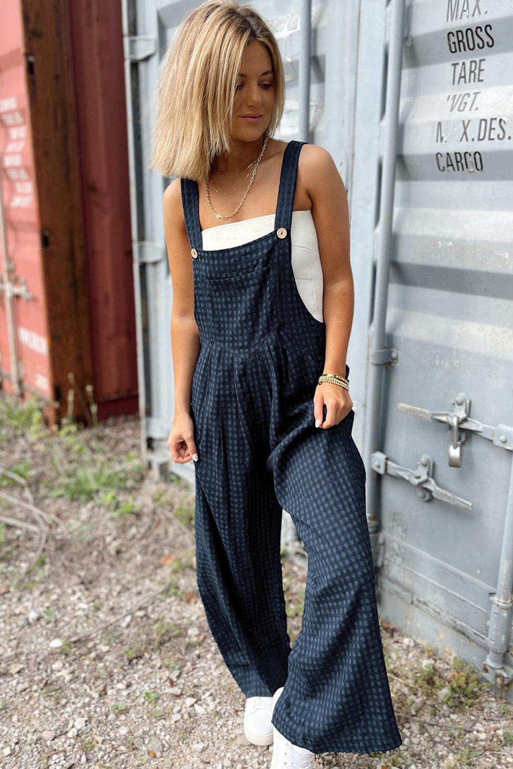 Plaid Print Buttoned Pocketed High Waist Overall