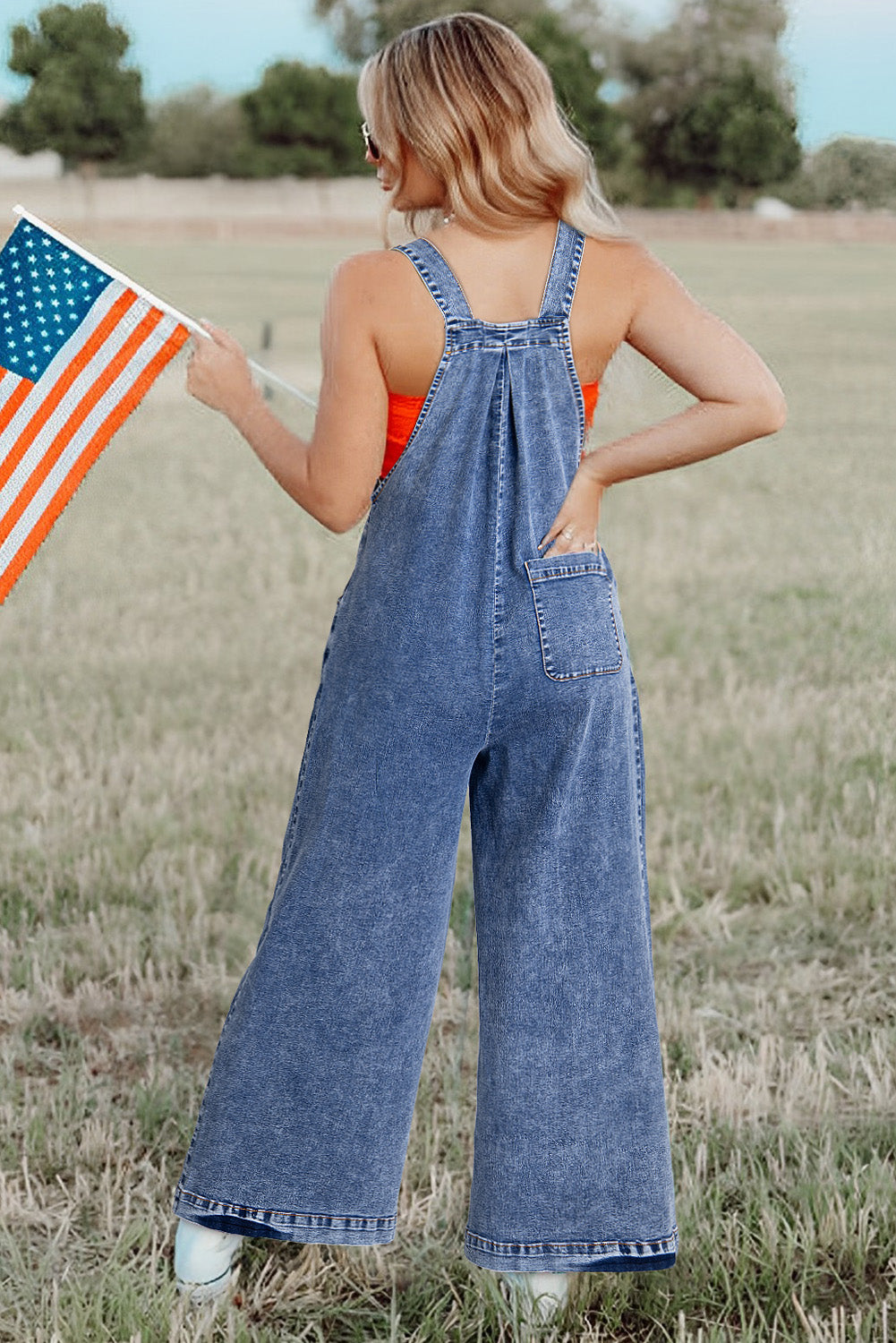 Mineral Wash Buttoned Straps Wide Leg Denim Overalls