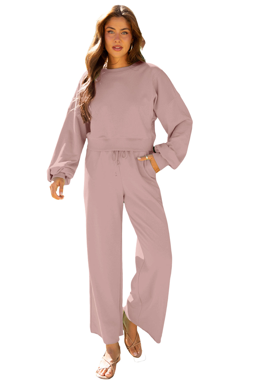 Drop Shoulder Puff Sleeve Crop Pullover Drawstring Wide Leg Pants Set
