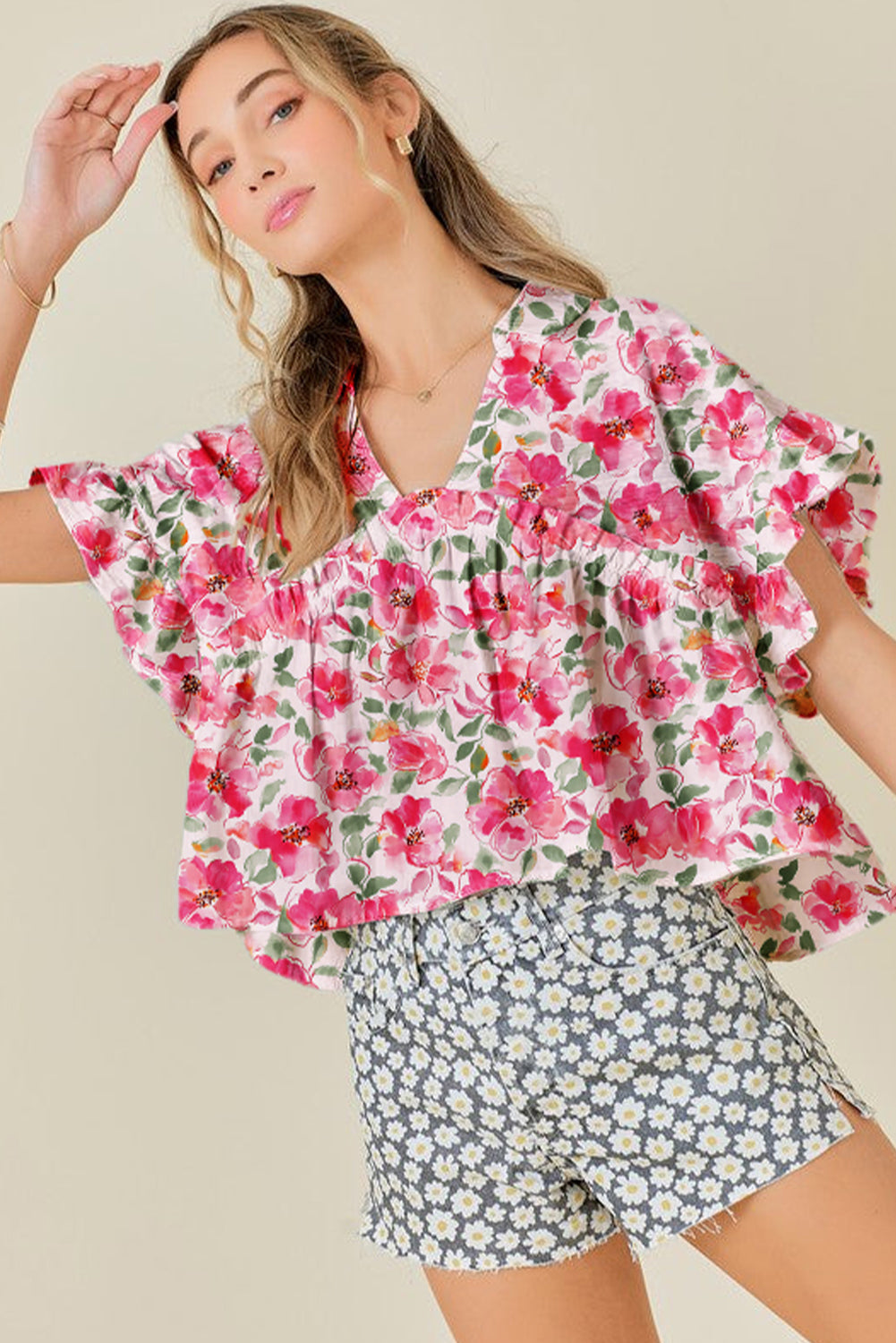 Floral Boxy Fit Ruffled Short Sleeve V Neck Blouse