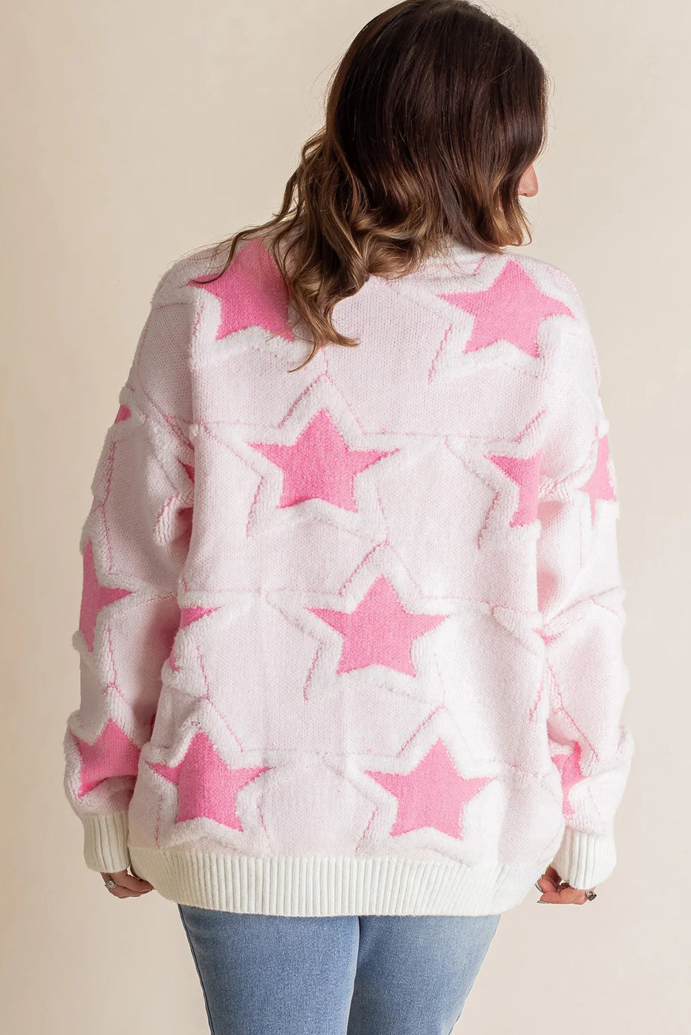 Oversized Cute Star Pattern Ribbed Edge Drop Shoulder Sweater