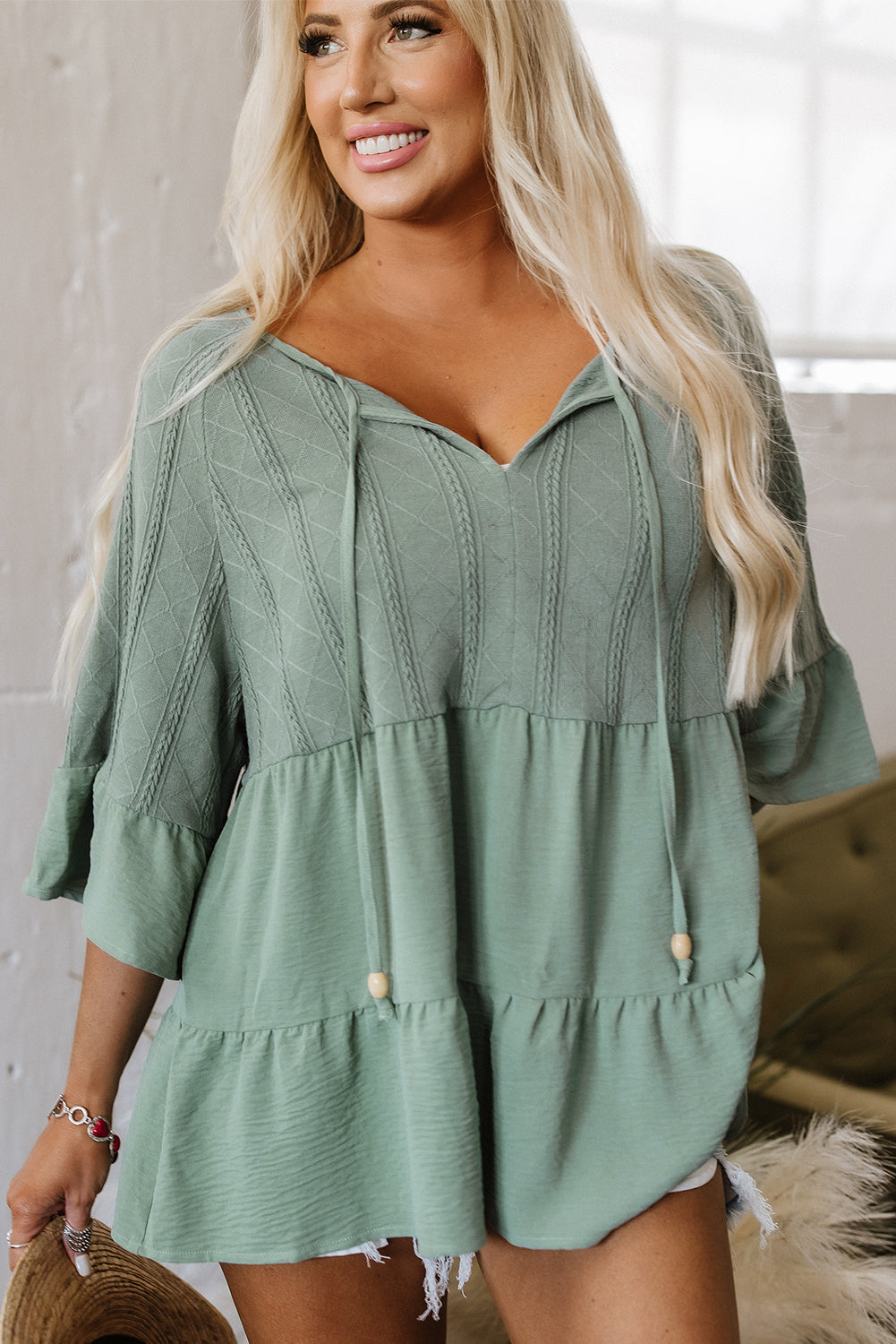Tie Split Neck Textured Ruffle Patchwork Blouse