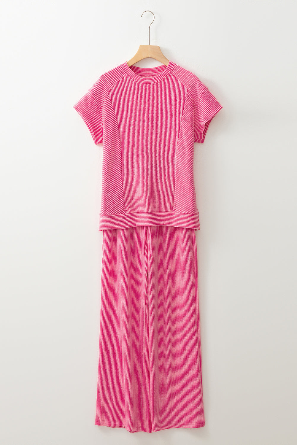 Solid Corded Knit Short Sleeve T Shirt and Wide Leg Pants Set