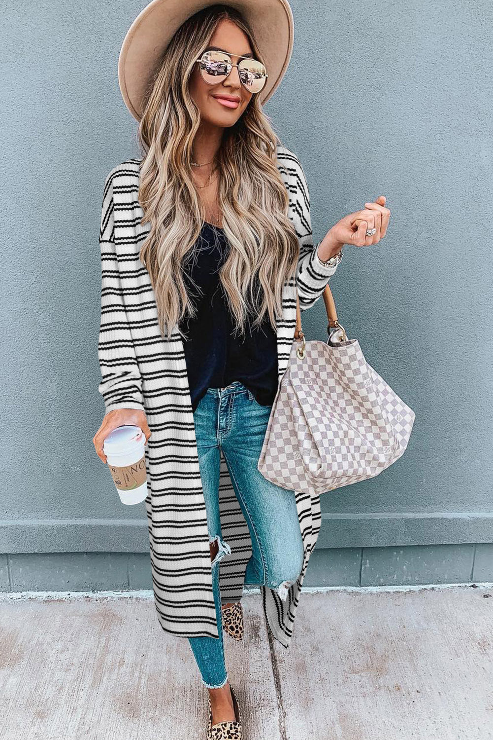 Stripe Print Open Front Duster Cardigan