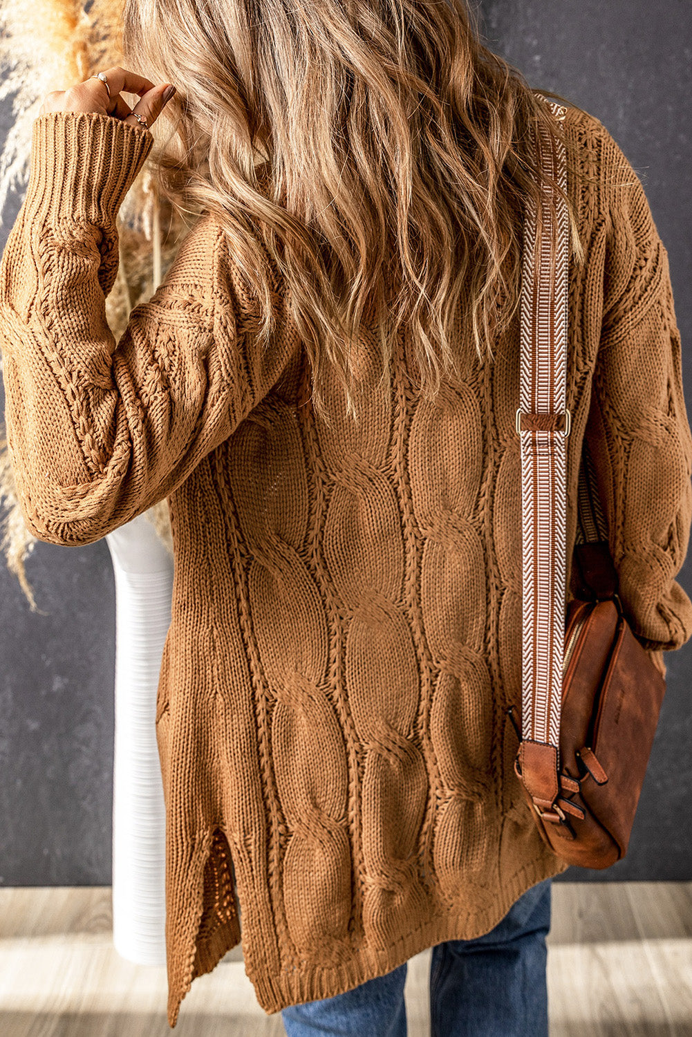 Ribbed Trim Eyelet Cable Knit Cardigan