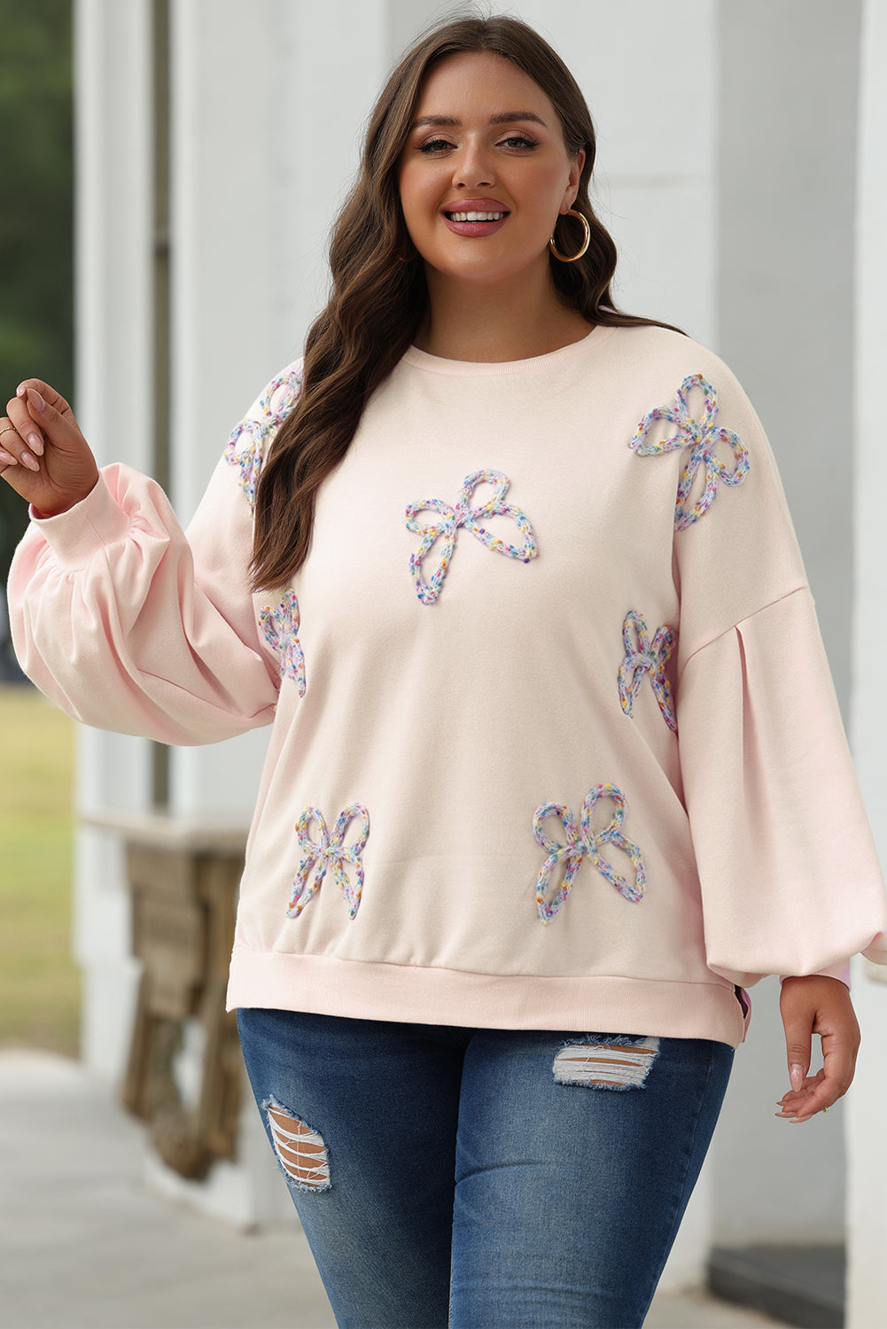 Embroidered Bow Lantern Sleeve Oversized Pullover Sweatshirt