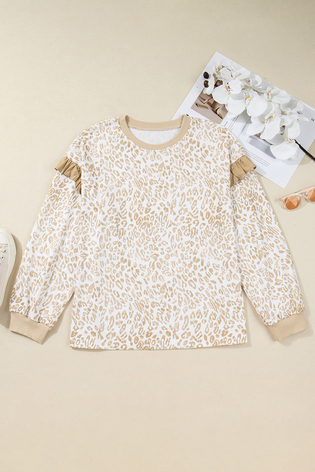 Plus Size Ruffled Arm Leopard Sweatshirt