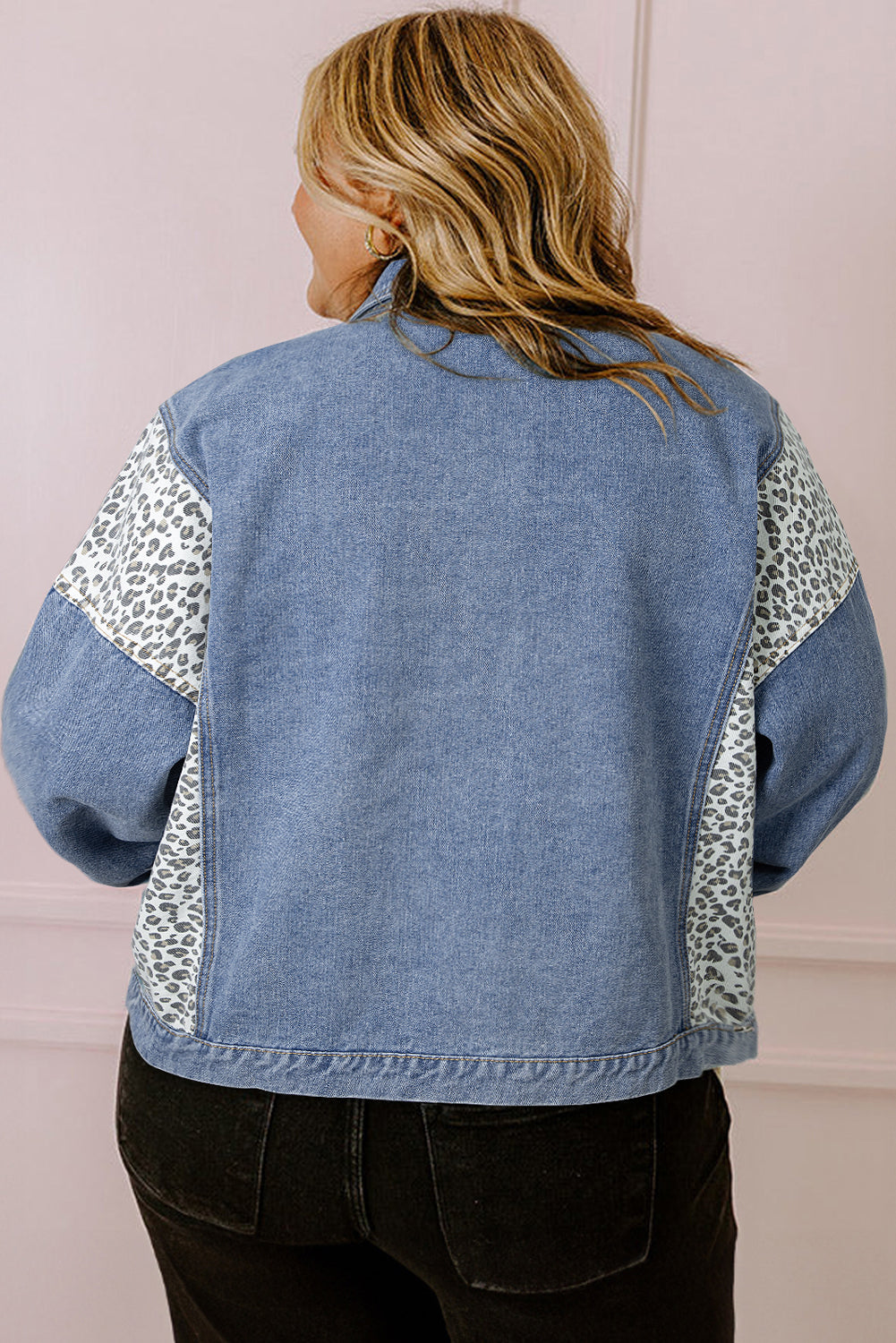 Leopard Patchwork Flap Detail Plus Size Denim Jacket