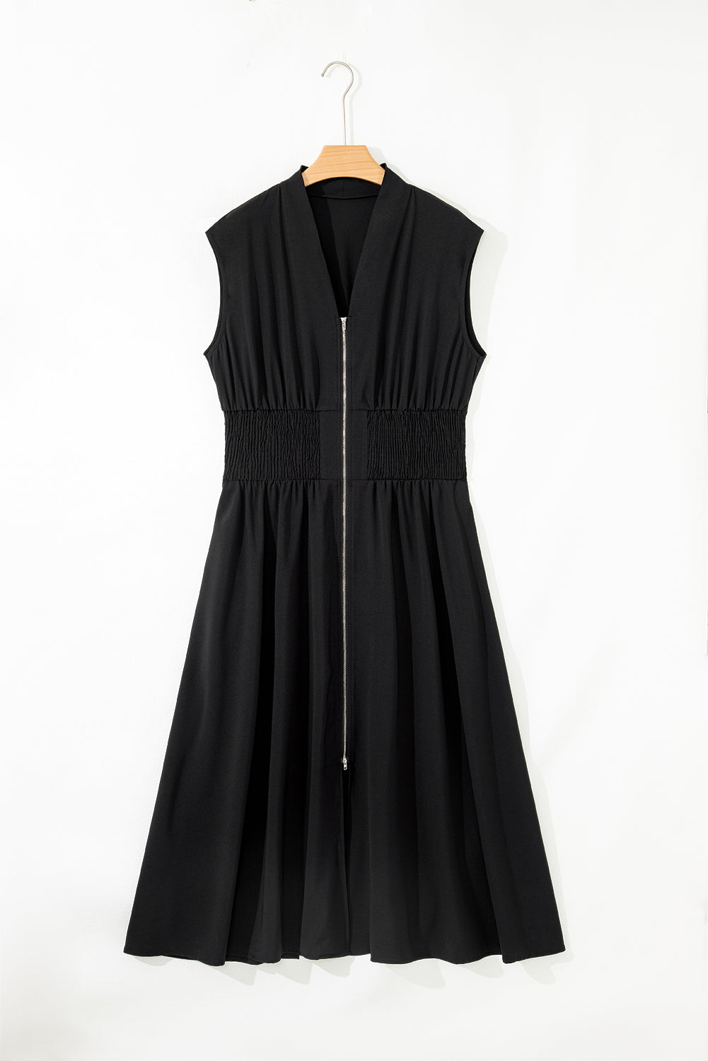 Sleeveless Zipped Front V Neck Shirred Waist Maxi Dress