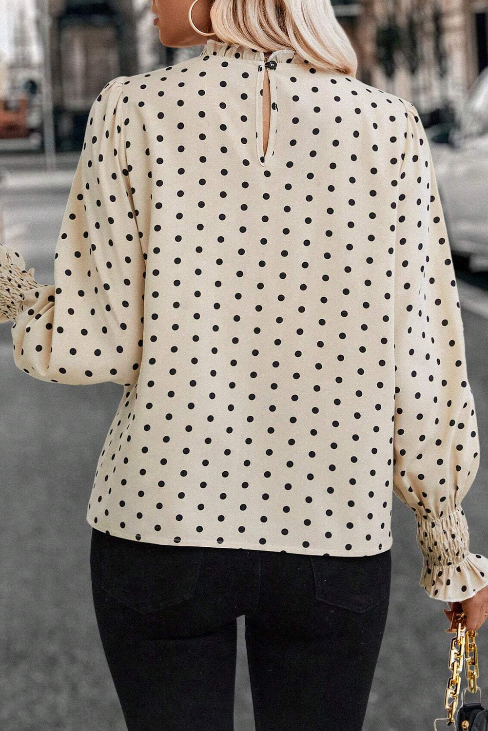 Polka Dot Print Frilled Collar Lantern Sleeve Blouse