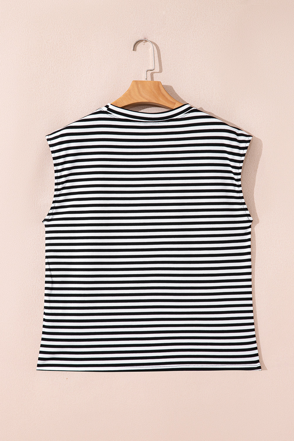 Stripe Ribbed Cap Sleeve Round Neck T Shirt