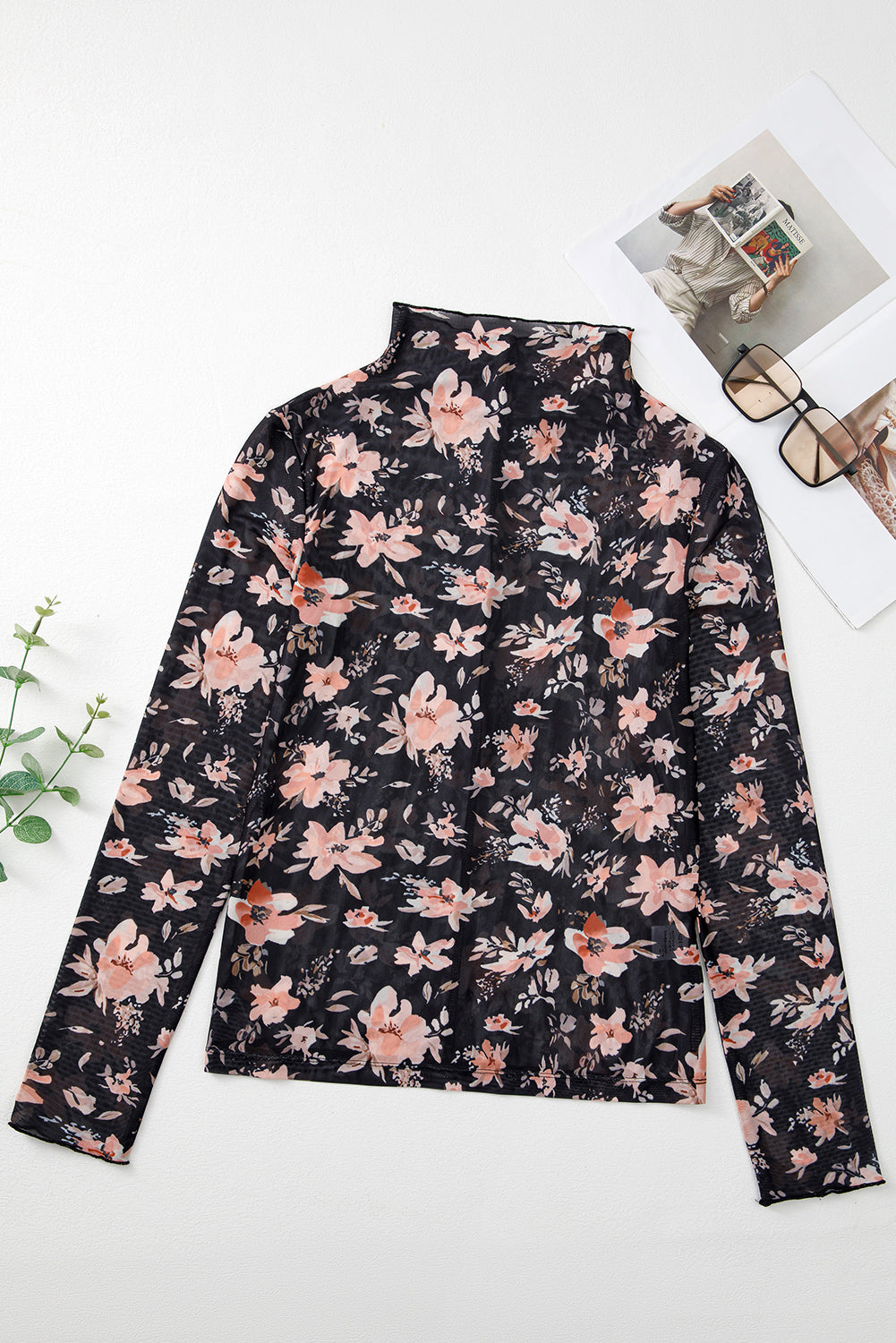 Floral Mesh Mock Neck Long Sleeve Slim Fit Top