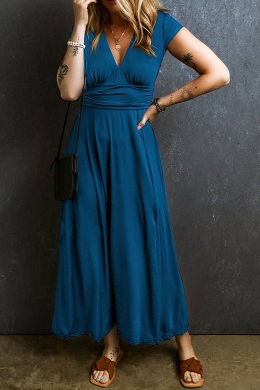 Short Sleeve Shirred High Waist V Neck Maxi Dress