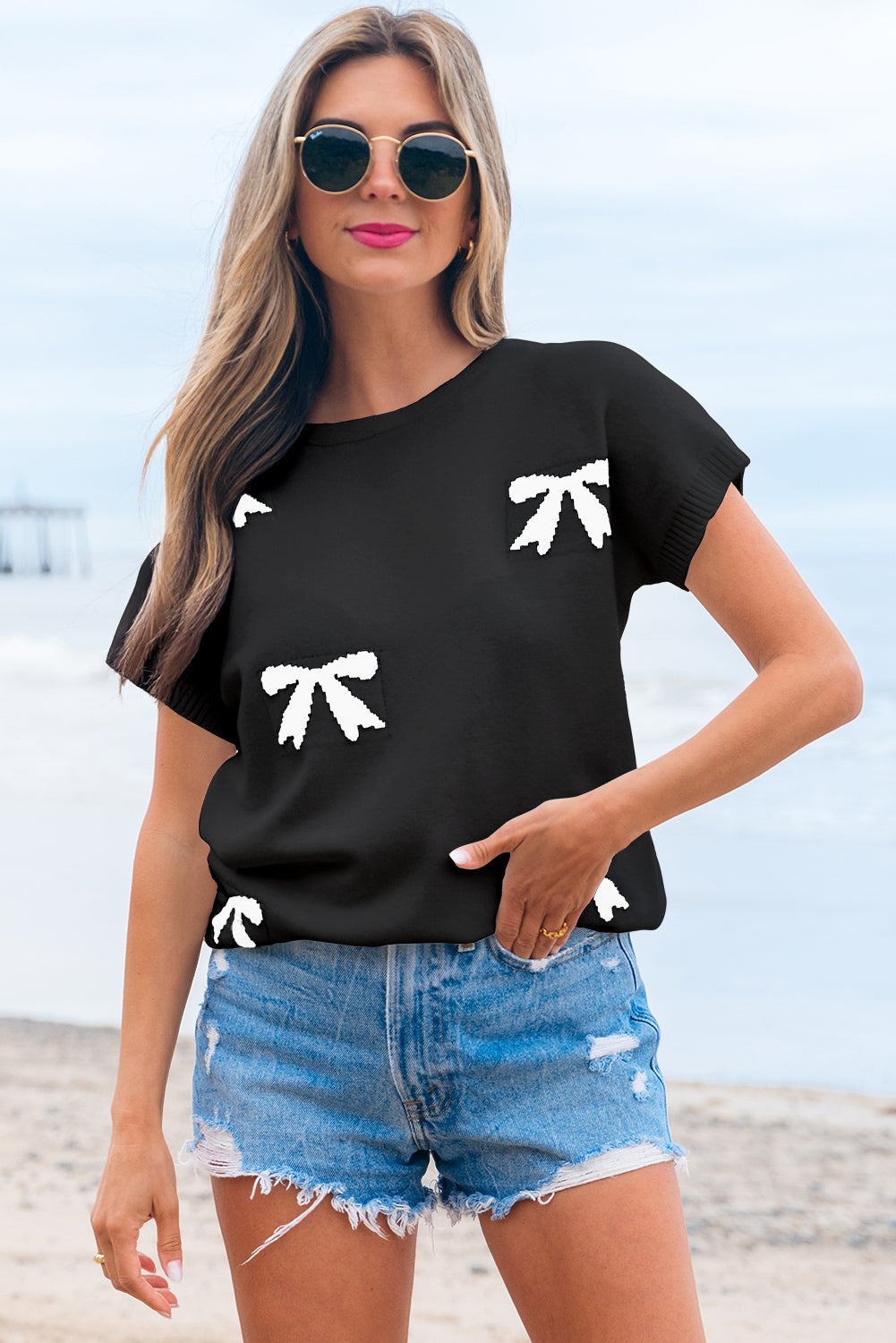 Bow Pattern Knit Short Sleeve Sweater
