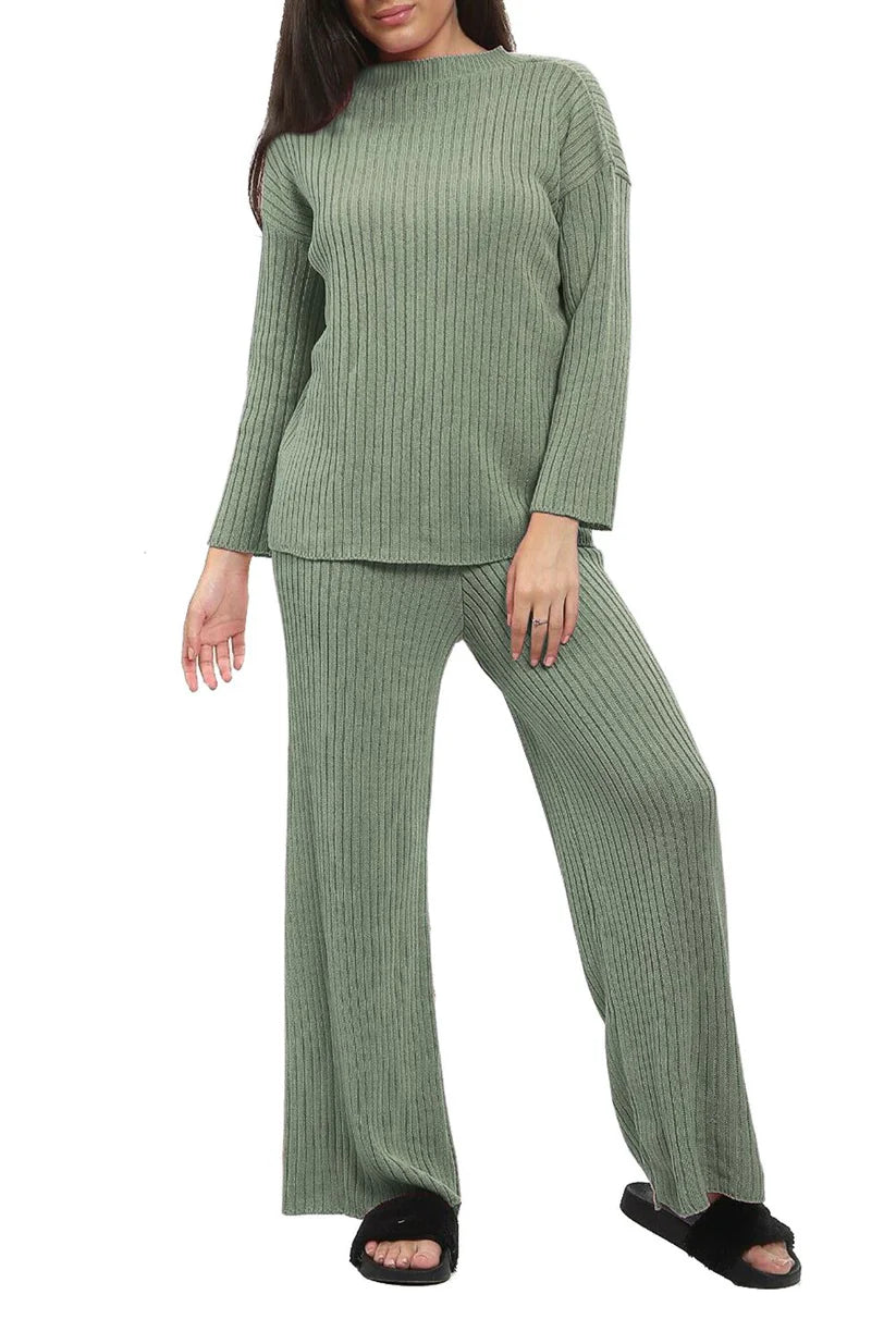 Chunky Knitted Ribbed Polo High Neck Top Leggings Loungewear Set