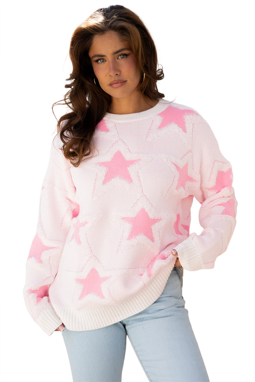 Oversized Cute Star Pattern Ribbed Edge Drop Shoulder Sweater