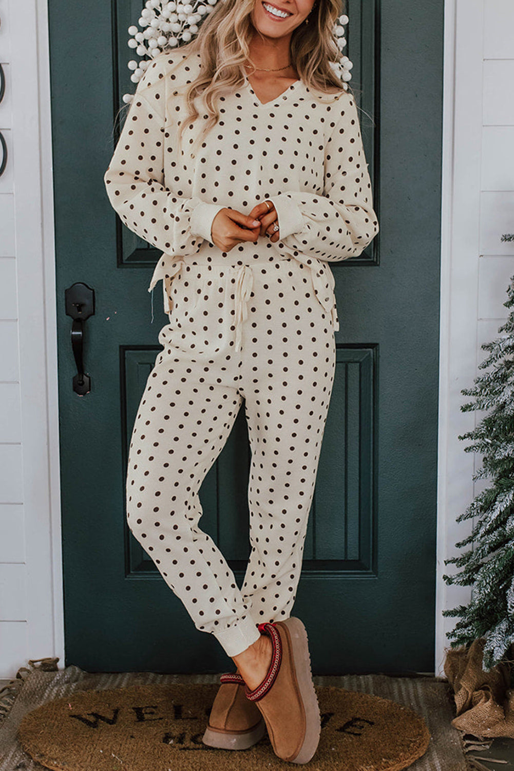 Polka Dot Print Notched Neck Long Sleeve Top Drawstring Jogger Pants Waffle Knit Lounge Set