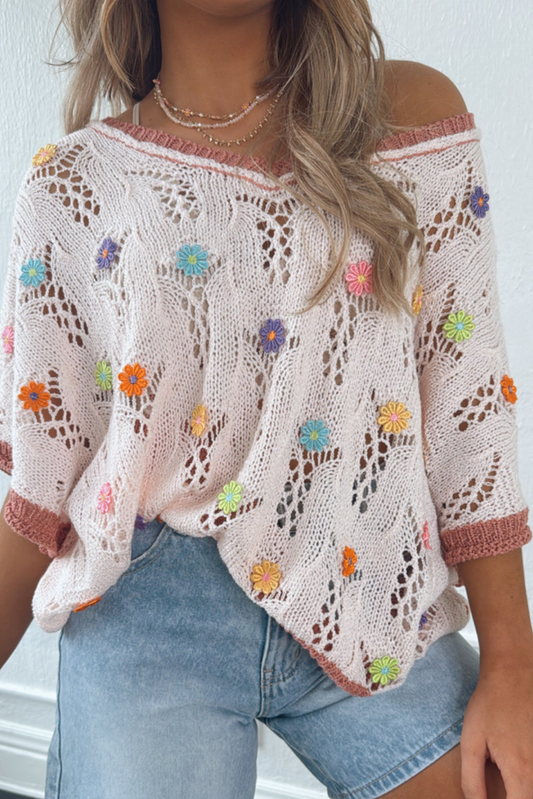 Embroidered Flowers Colorblock Edge Hollowed Sweater