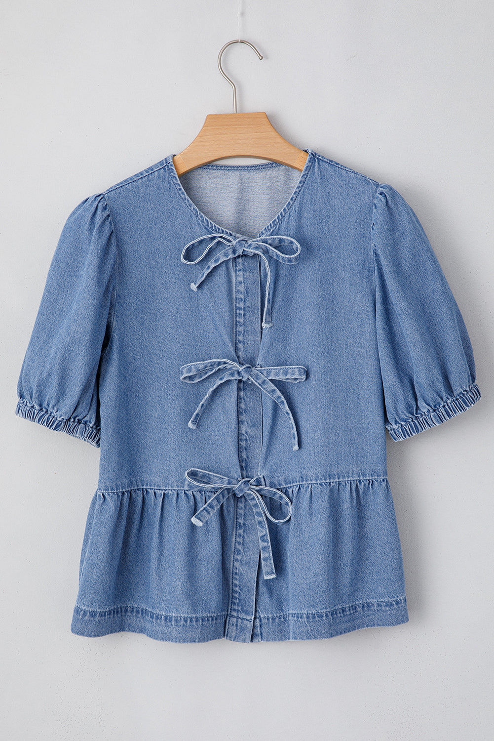 Tied Front Bubble Sleeve Peplum Denim Shirt