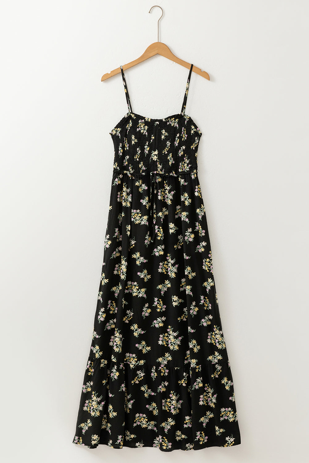 Floral Spaghetti Strap Shirred Bodice Tied Empire Waist Maxi Dress