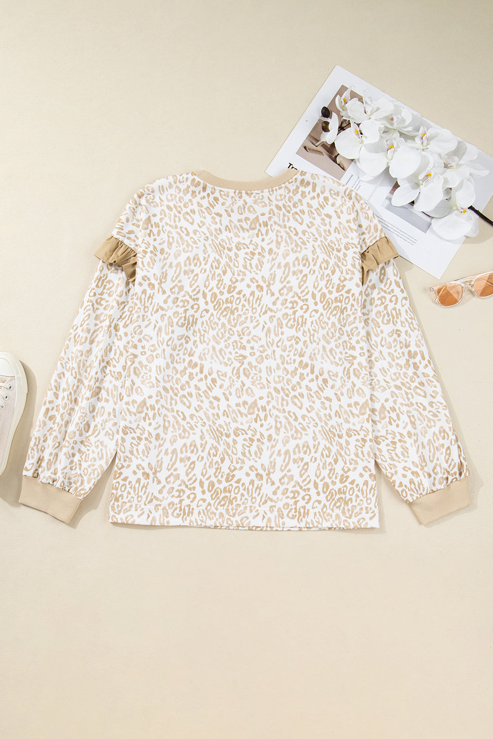 Plus Size Ruffled Arm Leopard Sweatshirt