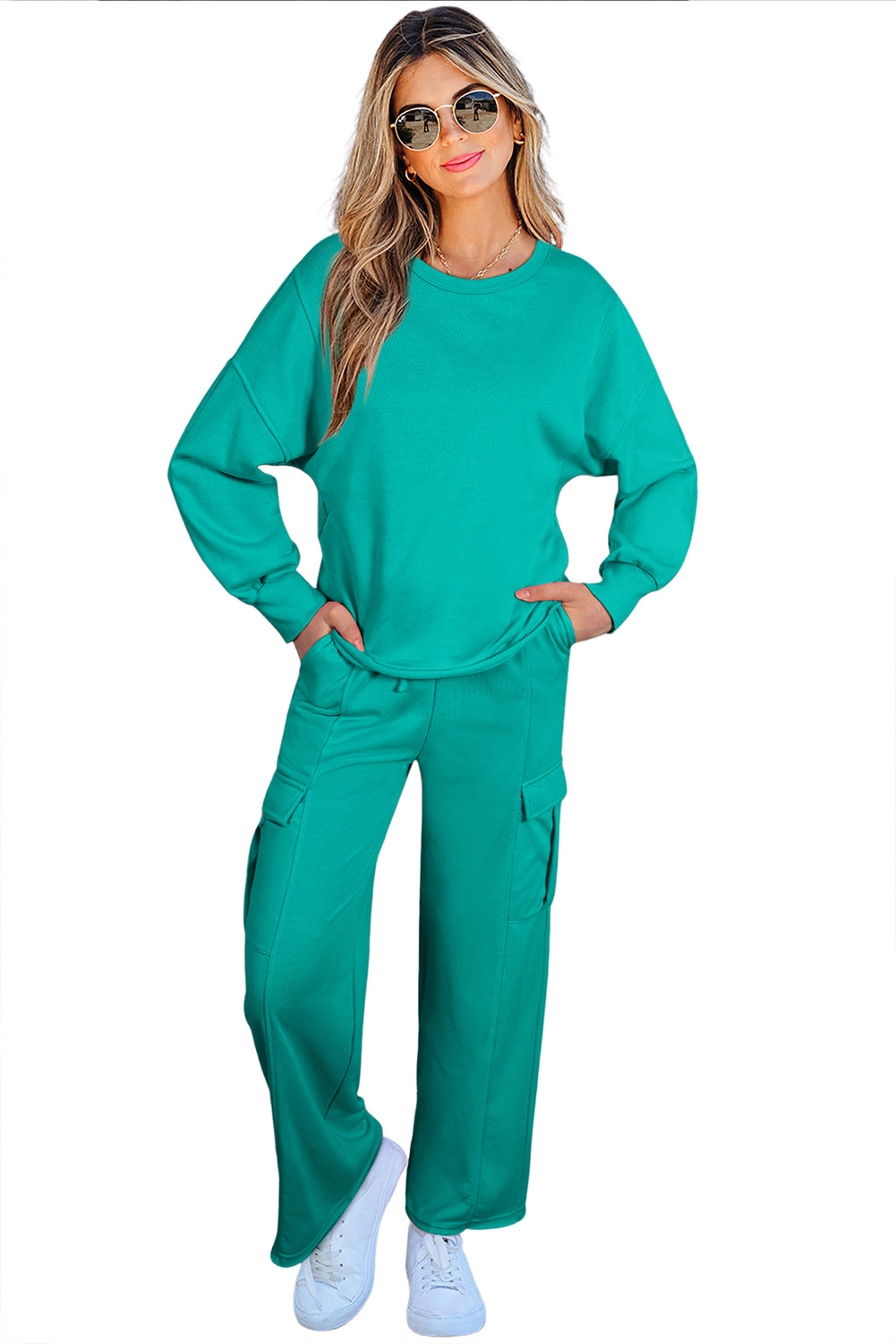 Solid Color Patchwork Pullover Top and Cargo Pants Set