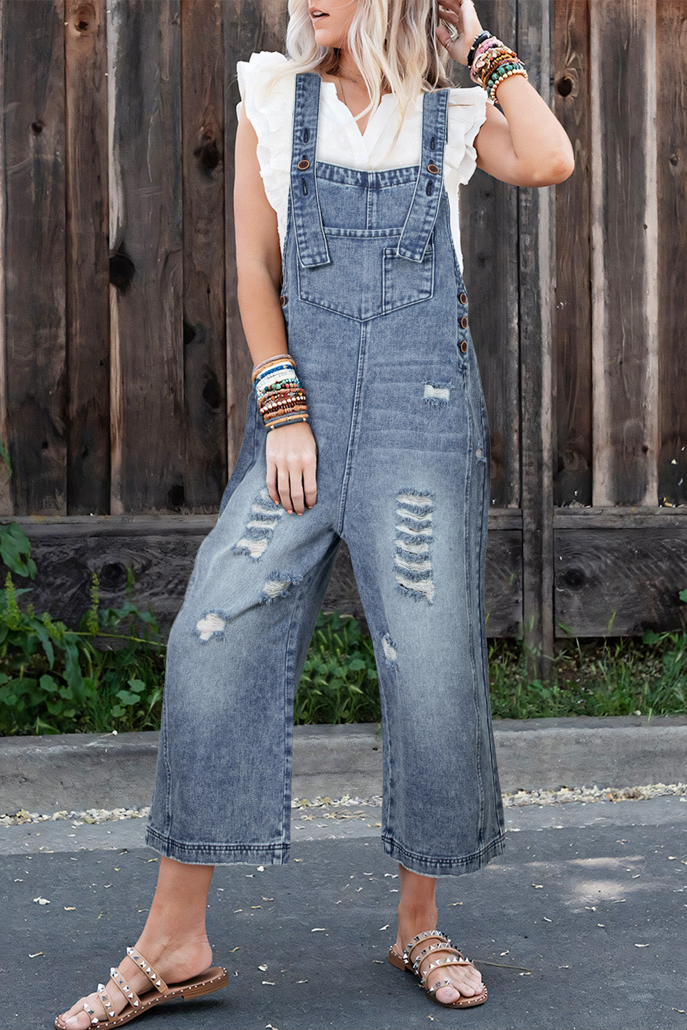 Distressed Bib Pocket Wide Leg Denim Overall