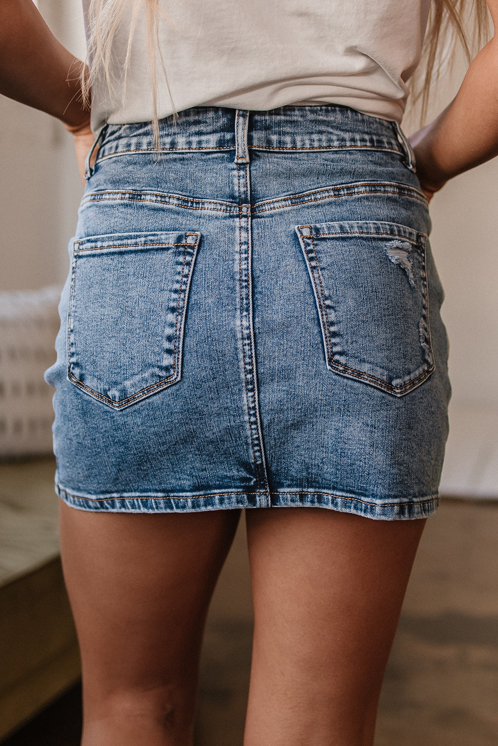 Rhinestone Distressed Denim High Waist Mini Skirt