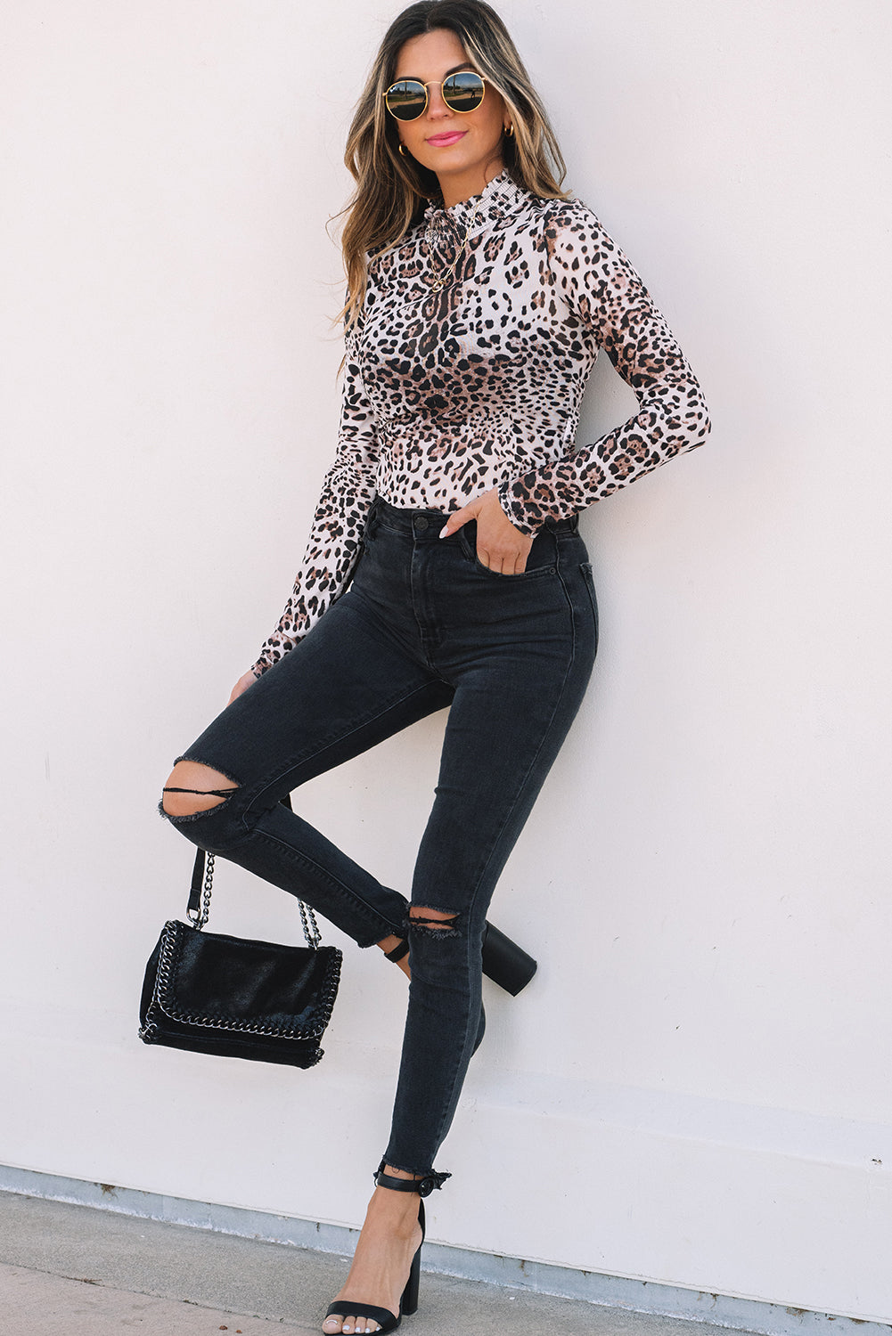 Leopard Smocked Neck Mesh Long Sleeve Bodysuit