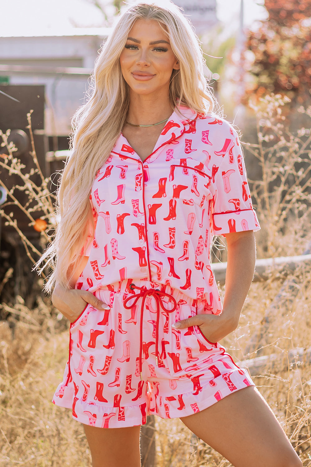 Western Cowgirl Boots Printed Shirt Ruffled Shorts Pajama Set