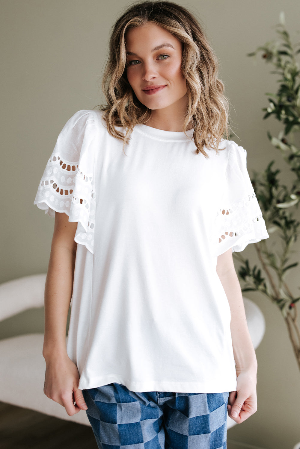 Hollow Out Embroidered Short Sleeve O Neck Top