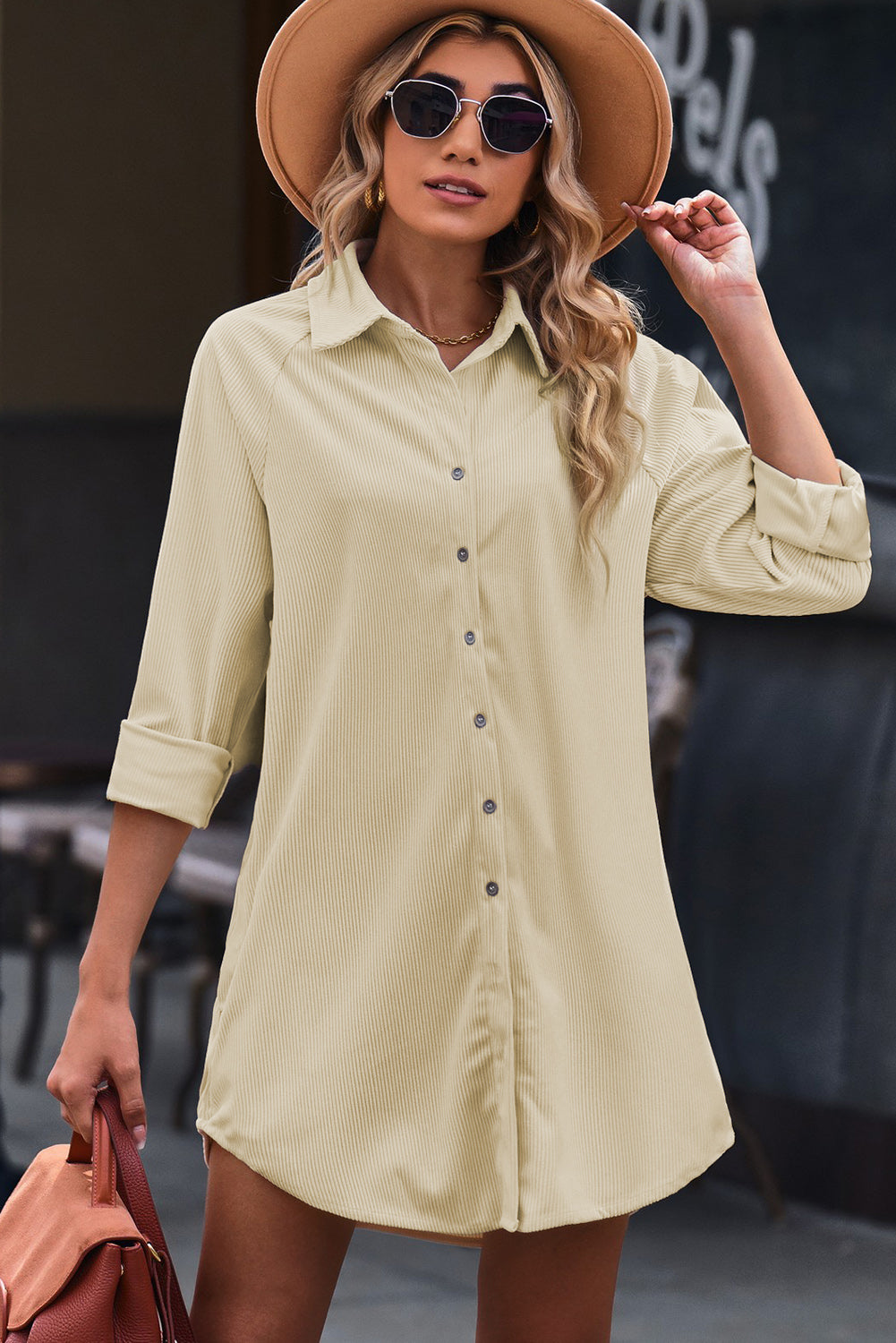 Corduroy Shirt Style Full Button Long Sleeve Shift Mini Dress