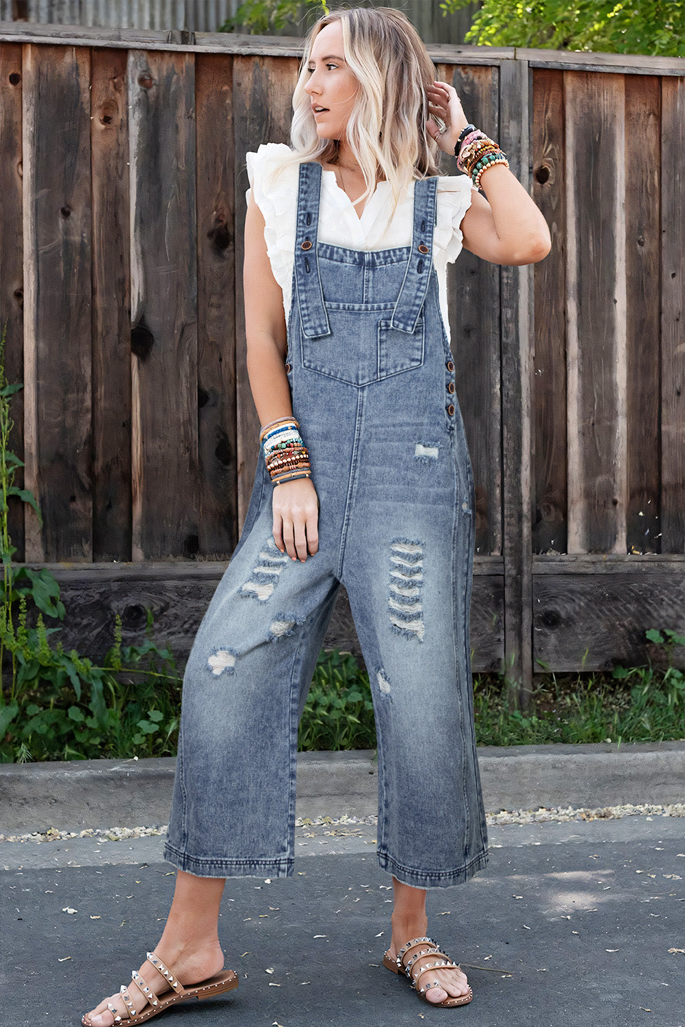 Distressed Bib Pocket Wide Leg Denim Overall