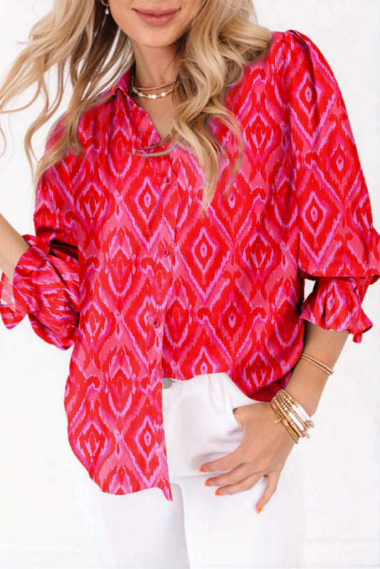 Western Aztec Geometric Ruffled 3/4 Sleeve Shirt