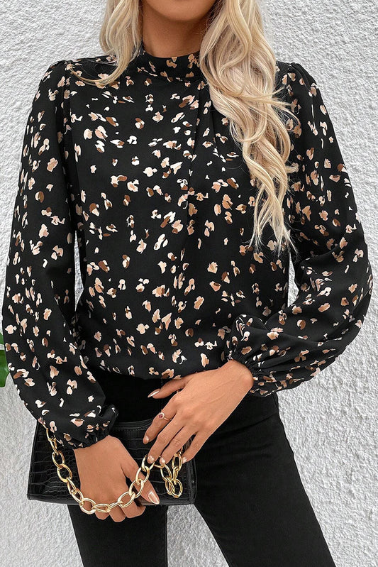 Leopard Print Lantern Sleeve Mock Neck Pleated Blouse