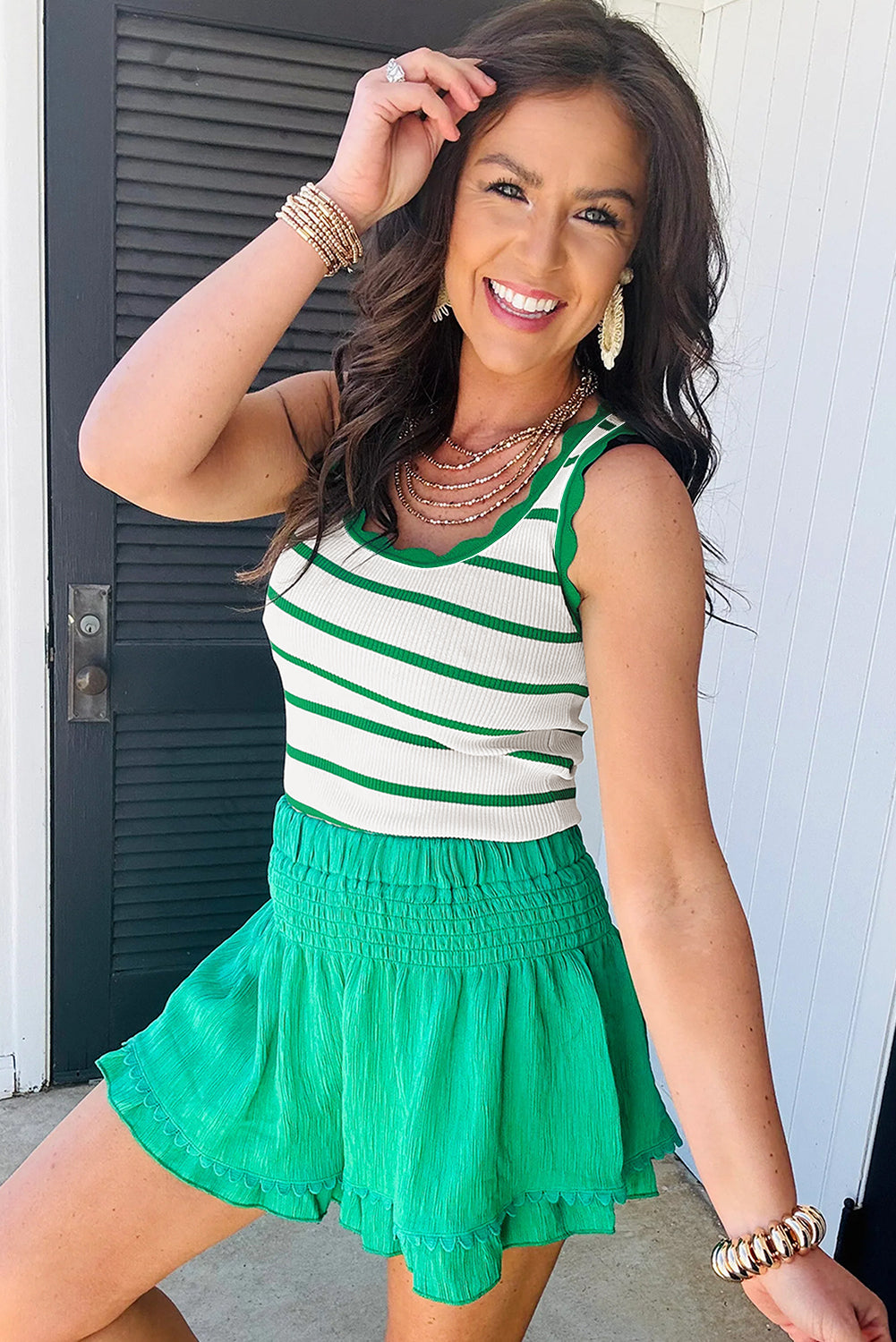Stripe Striped Scalloped Edge U Neck Sleeveless Sweater Vest
