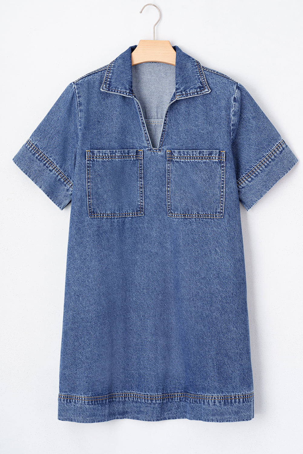 Short Sleeve Collared Patched Pocket Denim Mini Dress