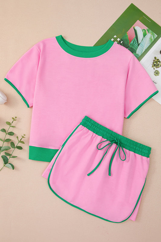 Colorblock Edge Drop Shoulder T Shirt and Skort 2Pcs Set