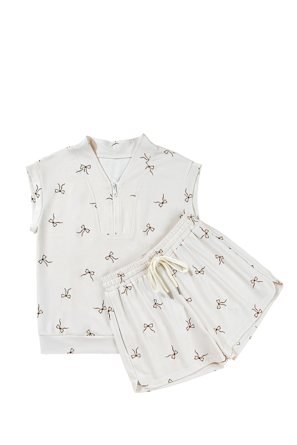 Bow Print Half Zip Tank and Shorts 2pcs Set