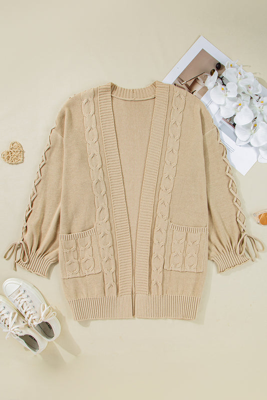 Cable Knit Braided Tie Sleeve Plus Size Open Cardigan